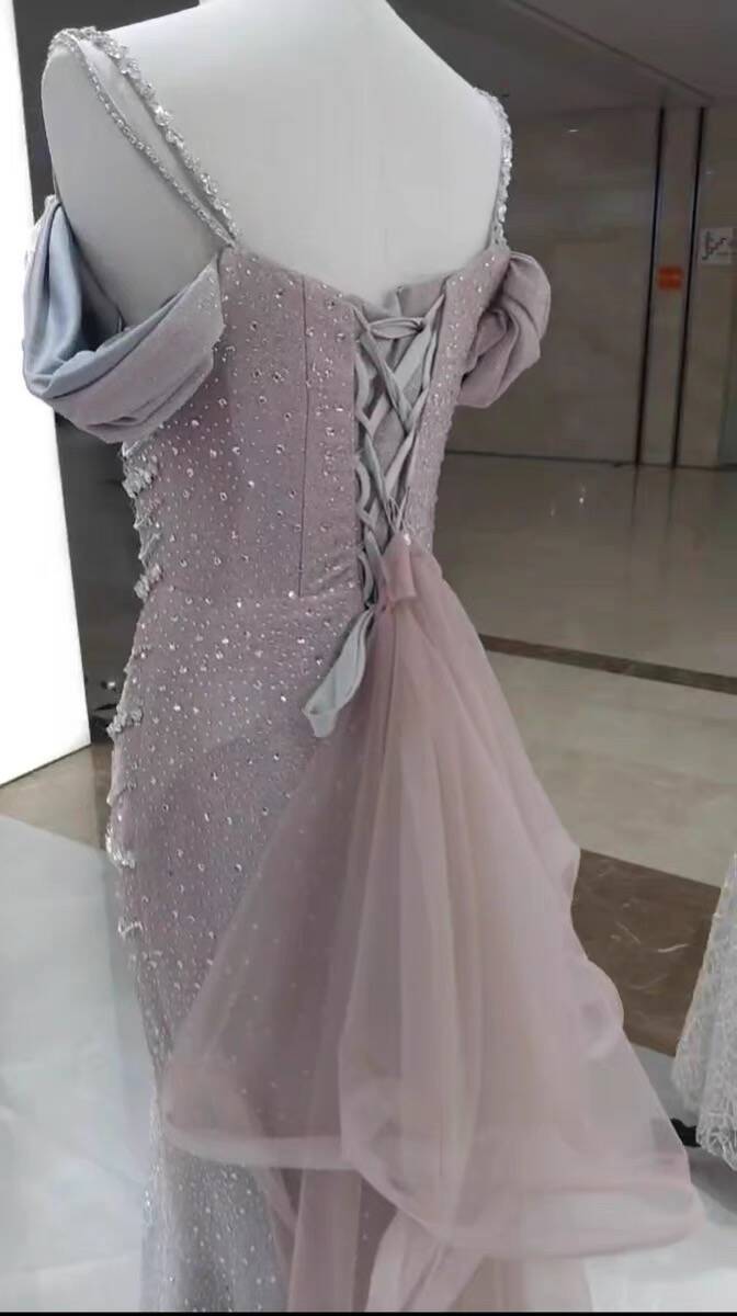 Light Pink Straps Off Shoulder Beading Mermaid Long Formal Party Dress, D282