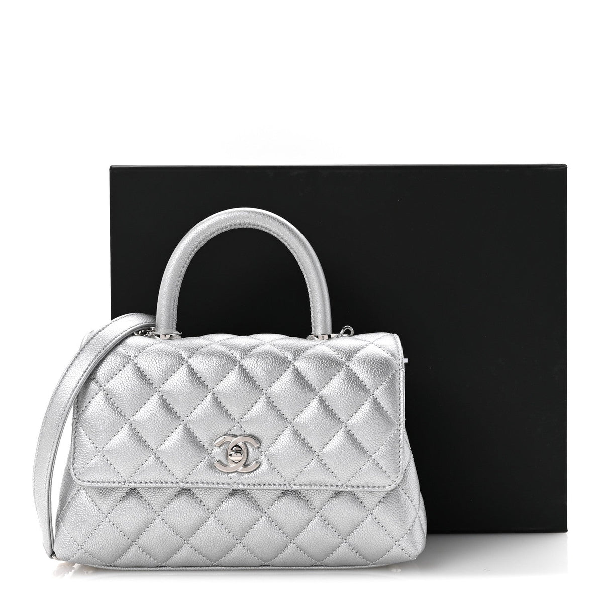 Metallic Caviar Quilted Mini Coco Handle Flap Silvery