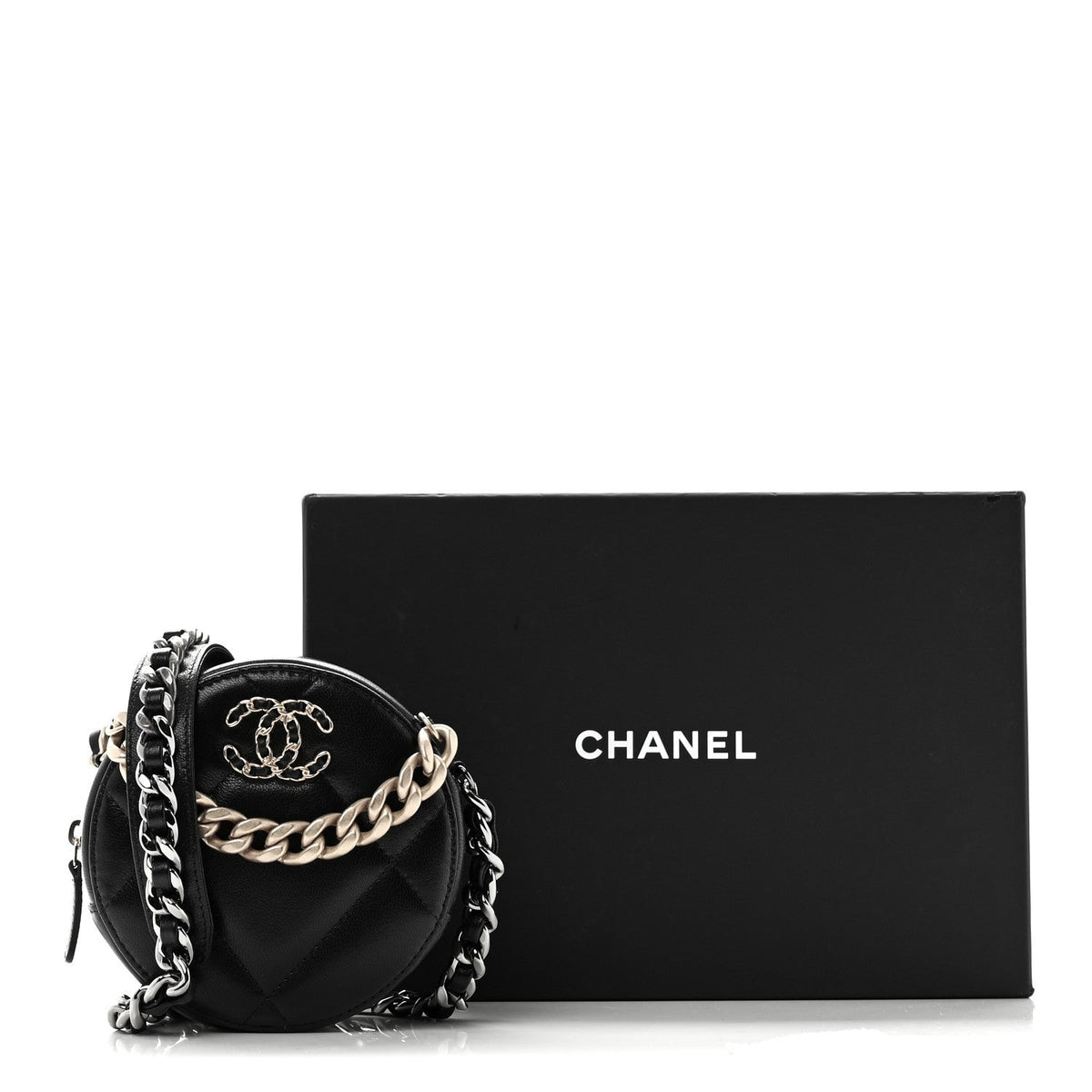 Shiny Goatskin Quilted Chanel 19 Round Clutch With Chain Black