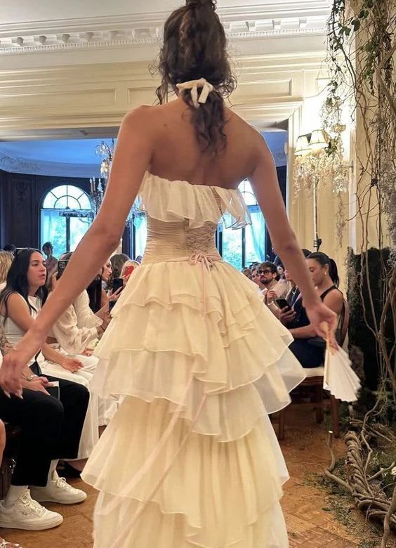 Unique Sheath Strapless Tiered Chiffon Satin Long Prom Dress Evening Dress SH2373
