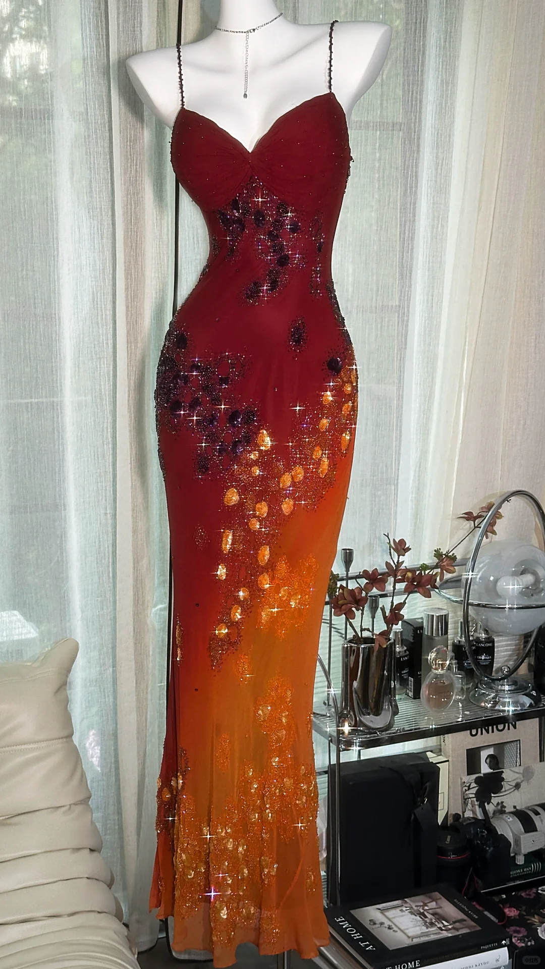 Vintage Beaded Sparkling Long Chiffon Spaghetti Strap Luxury Evening Dress Prom Dresses D1499