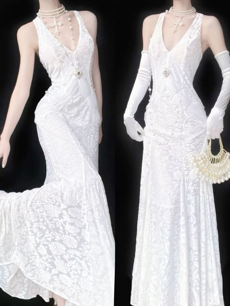 Elegant White V Neck Mermaid Vintage Long Evening Party Dresses, D1052