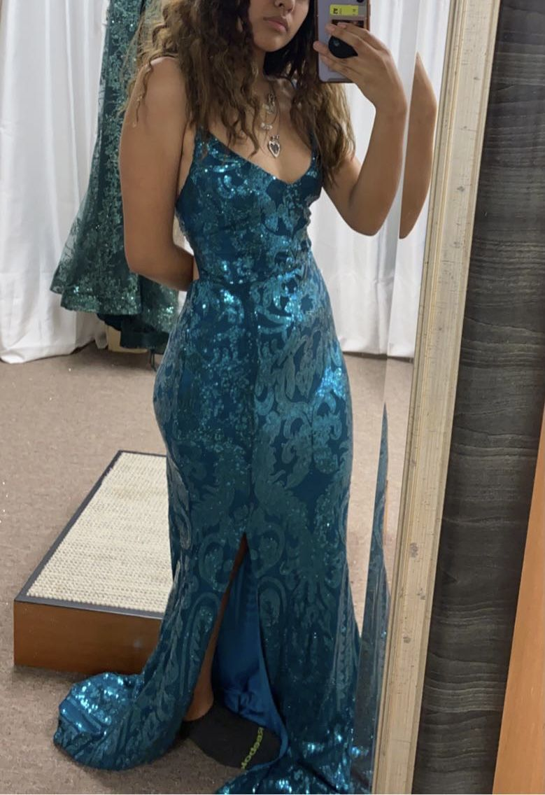 Blue V Neck Straps Mermaid Sequins Split Long Prom Dresses Evening Gowns, D1059