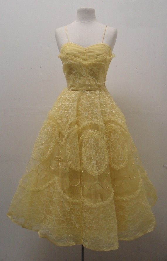 Yellow Spaghetti Straps A-Line Lace Midi Length Party Dresses Birthday Dresses, D1201