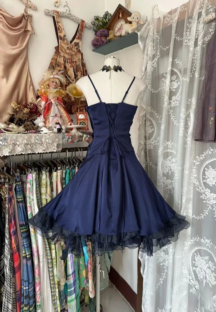 Navy Blue Straps A-Line Vintage Homecoming Dresses Short Party Dresses, D1301