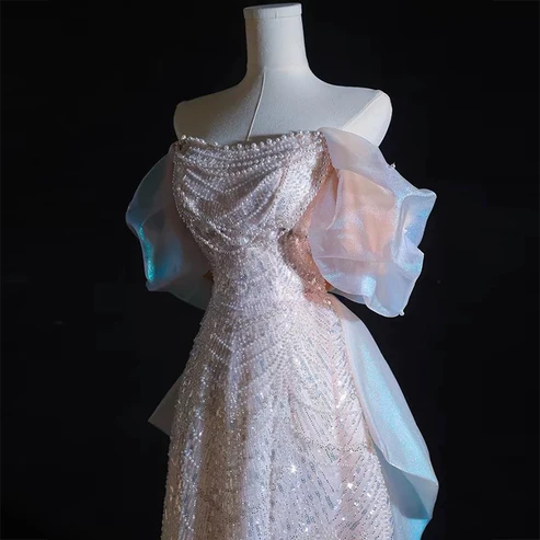 Light Pink Off Shoulder A-Line Sequins Pearls Long Formal Party Dress MD7407