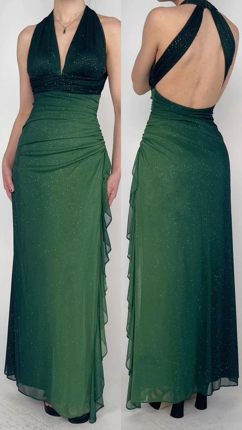 Green Ombre V Neck Backless Sheath Ruffles Long Party Dress Vintage Prom Dress, D501