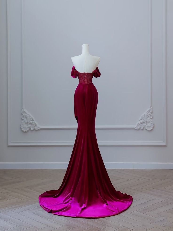 Wine Red Off Shoulder Velvet Mermaid Long Formal Prom Dress Evening Gown, D552