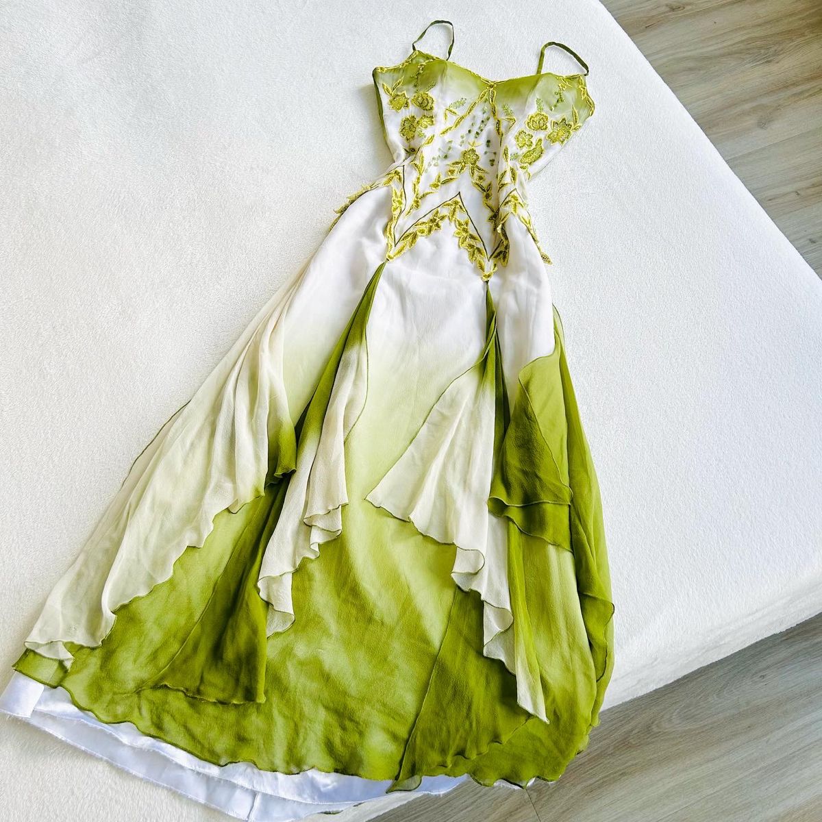 Green Ombre Straps A-Line Vintage Long Evening Party Dress, D573
