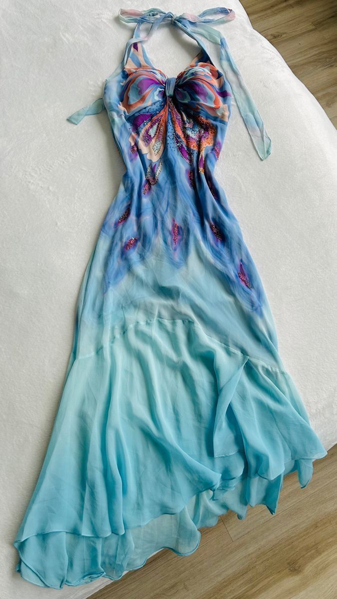 Blue Halter Ombre Chiffon Sheath Vintage Long Evening Party Dress, D575