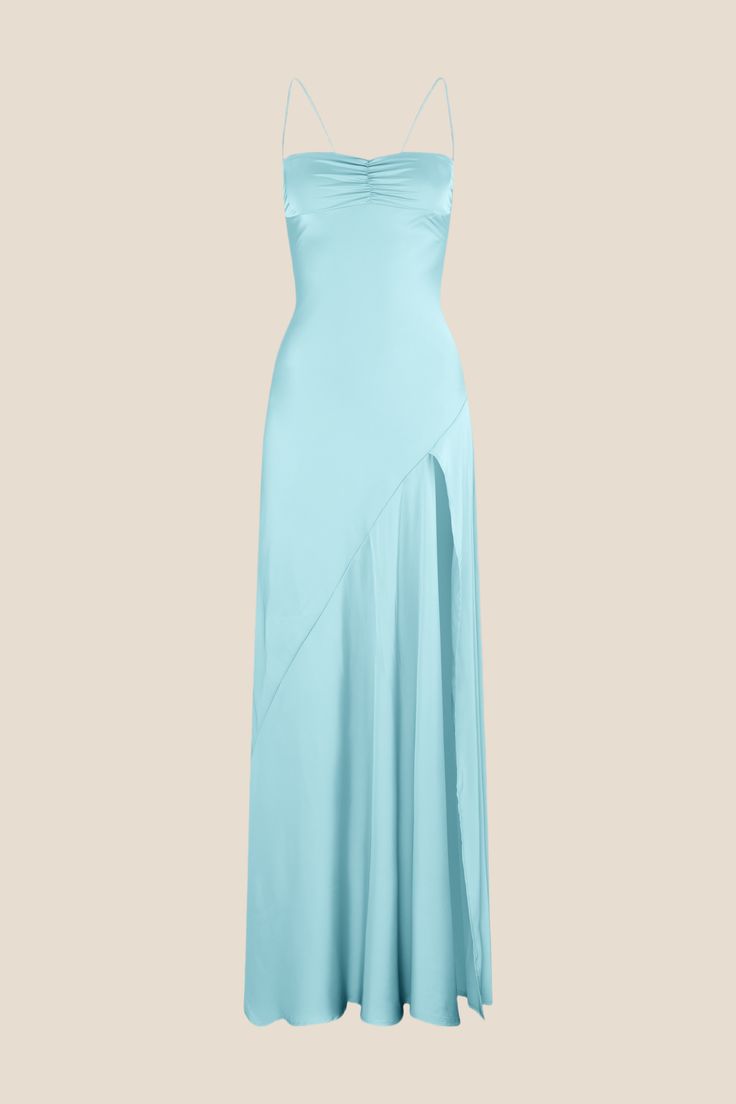 Blue Straps A-Line Satin Wedding Guest Dress Simple Long Party Dress, D587