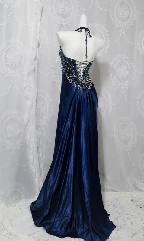 Navy Blue Halter A-Line Beading Satin Long Prom Dress Vintage Evening Dress, D598