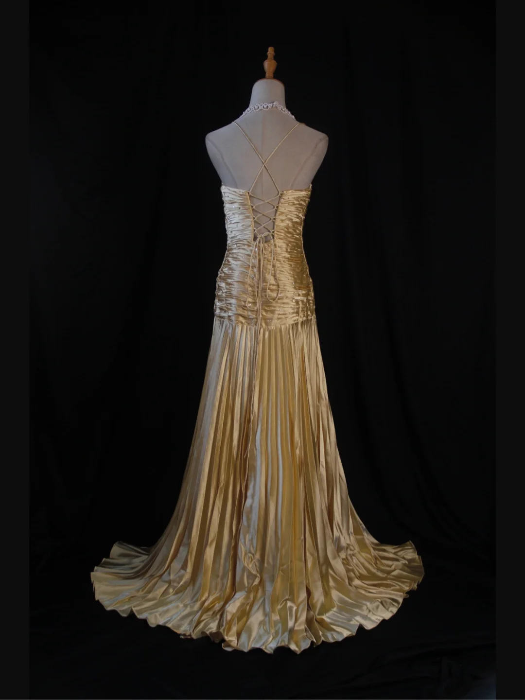 Gold Straps A-Line Satin Beading Long Prom Dress Vintage Evening Dress, D600