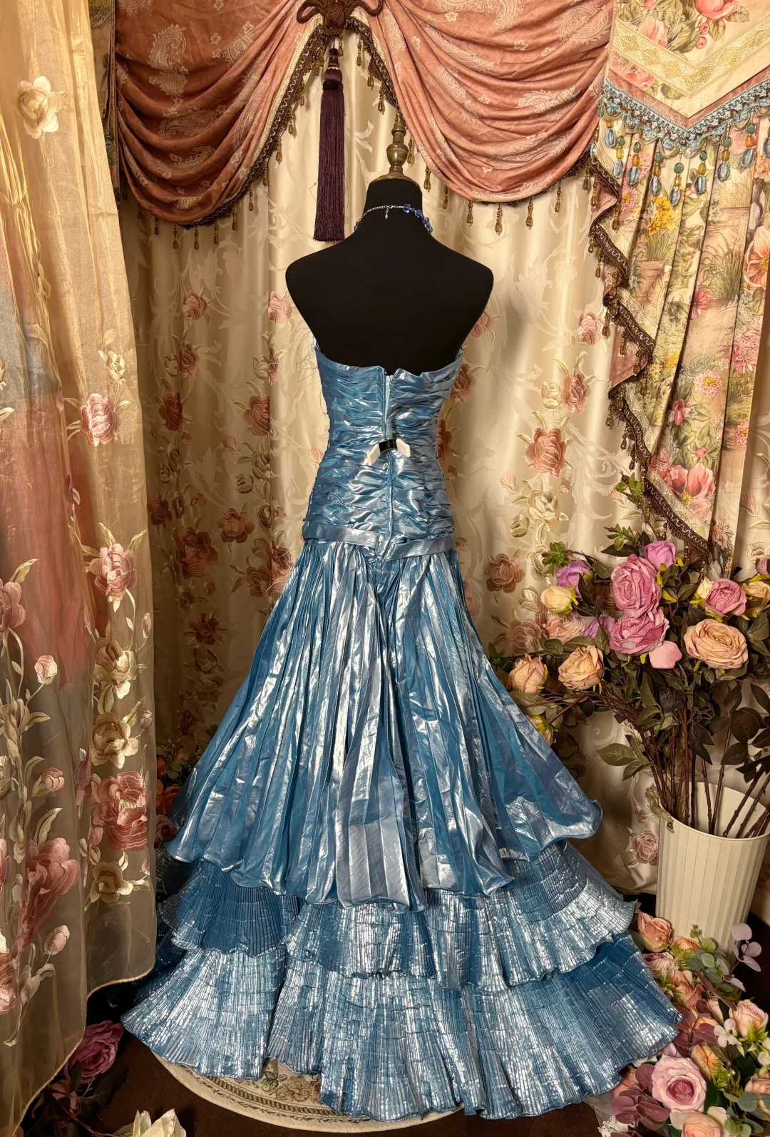 Blue Strapless A-Line Satin Tiered Retro Long Party Dress Evening Gown, D628