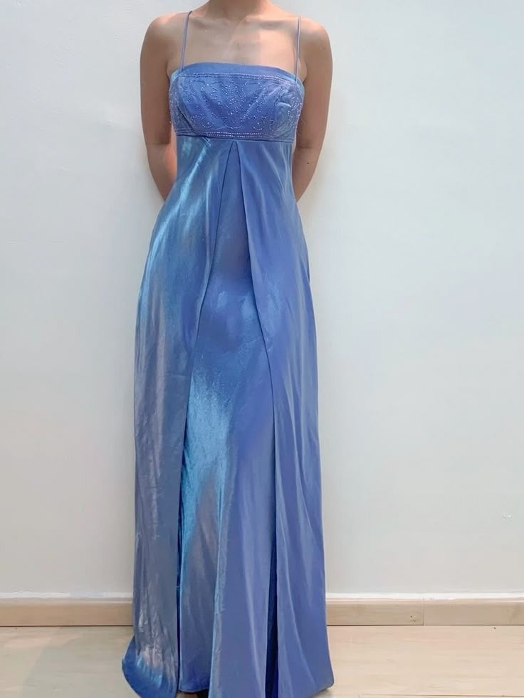 Elegant Straps A-Line Beading Satin Long Prom Dress Vintage Party Dress, D671