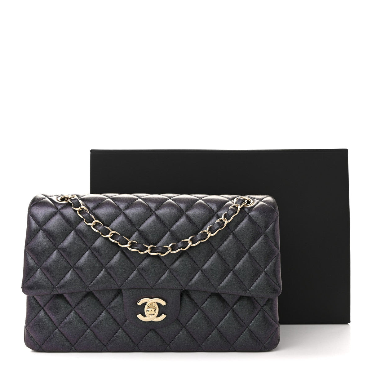 Iridescent Lambskin Quilted Medium Double Flap Black
