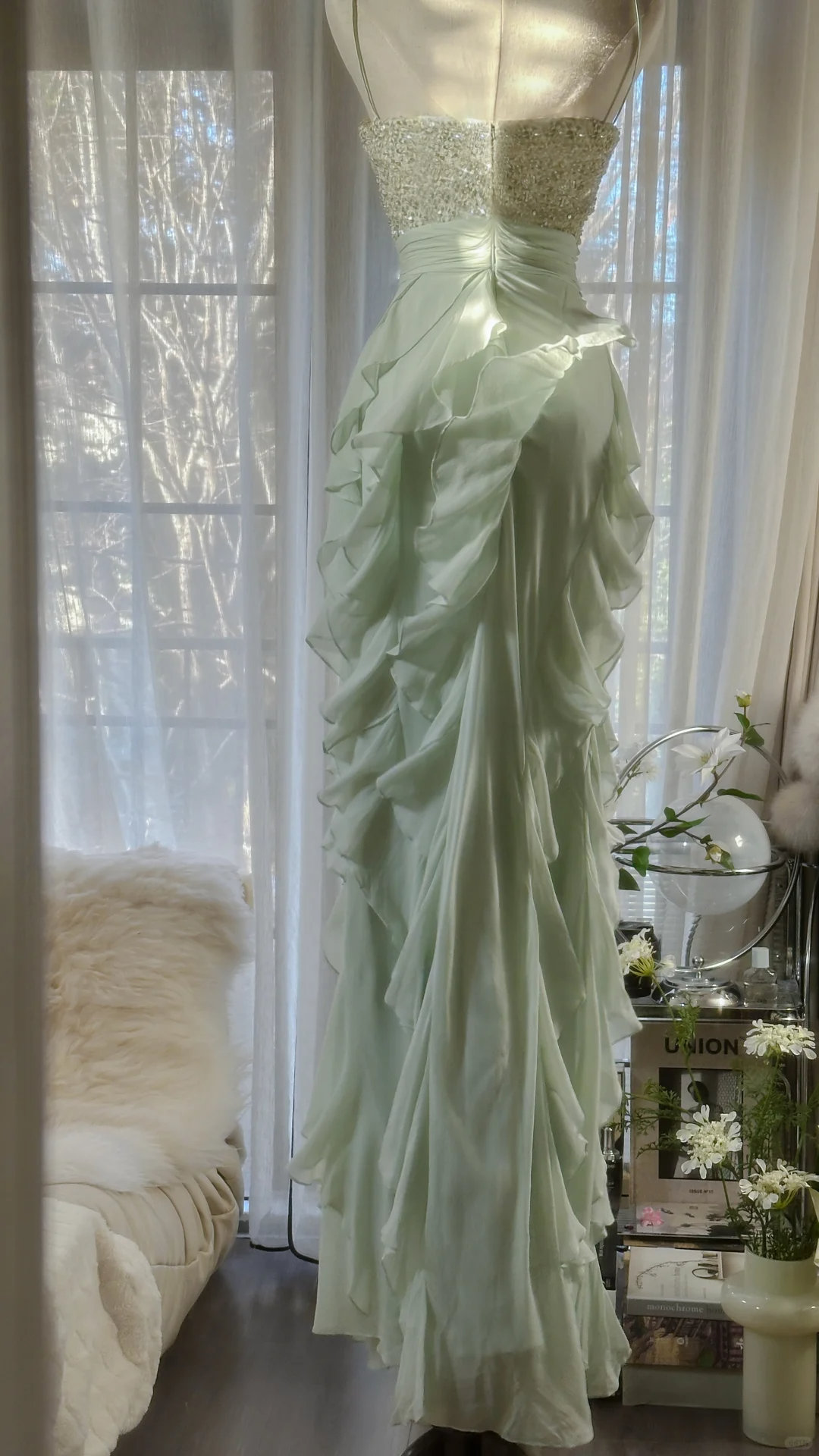 Light Sage Straps Beading Ruffles Long Evening Gown Vintage Party Dress, D727