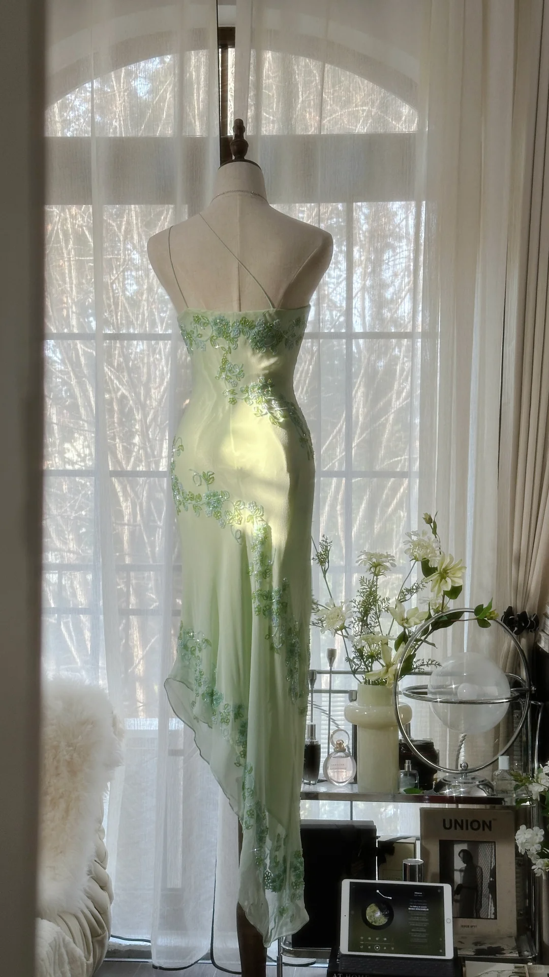 Light Sage One Shoulder Beading Chiffon Long Evening Gown Vintage Party Dress, D728