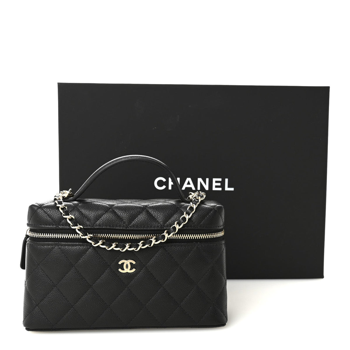 Caviar Quilted Top Handle Slim Vanity With Chain Black