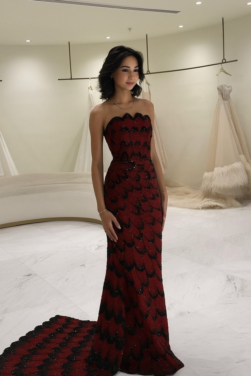 Stunning A Line Strapless Black Beaded Red Satin Long Sweep Prom Dress SH5150