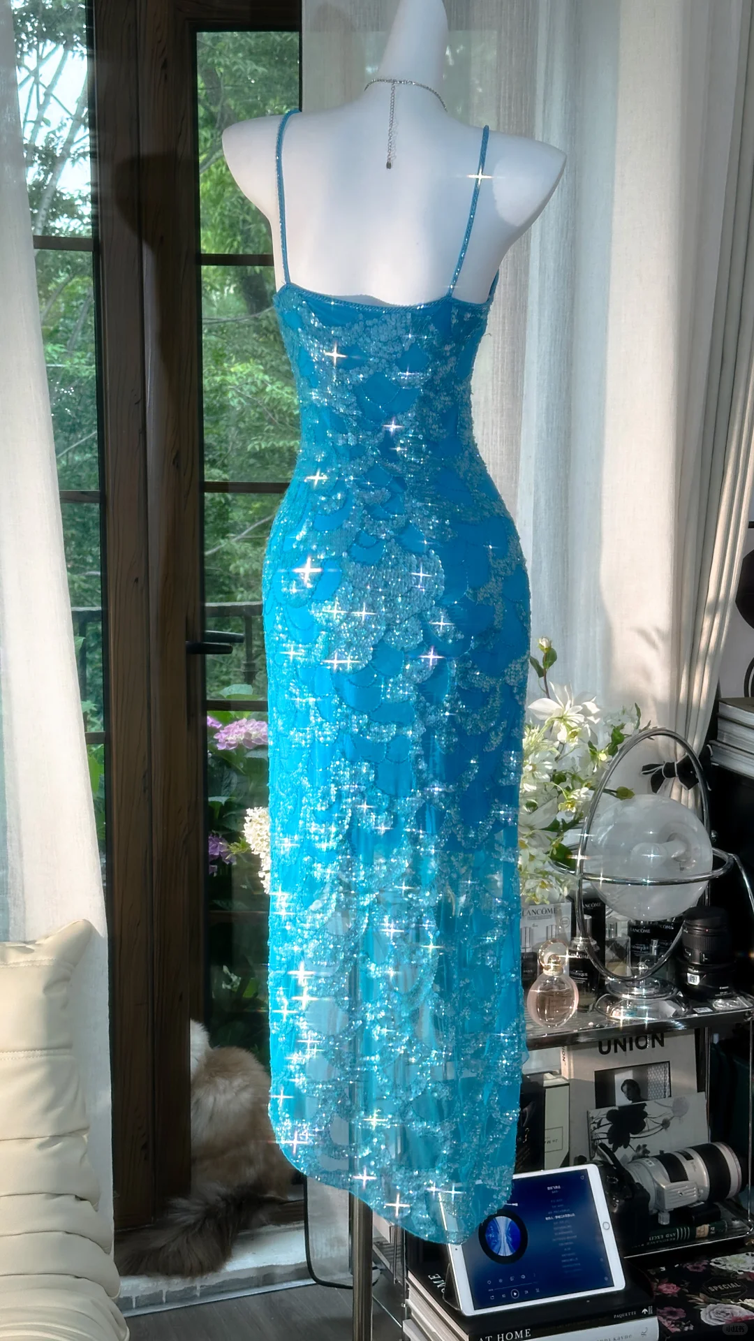 Vintage Blue Mermaid Sparkling Long Chiffon Spaghetti Strap Romantic Evening Dress Prom Dresses D1501