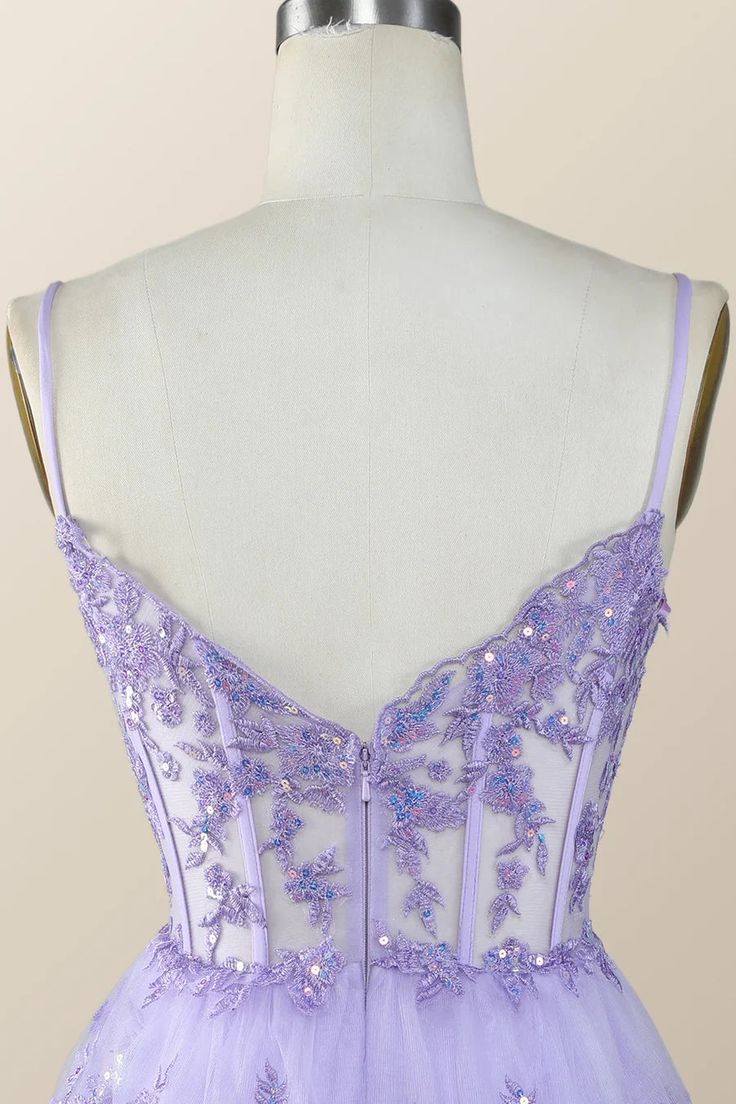 Vintage Purple Sequined Design A-line Spaghetti Strap Tiered Homecoming Dress, D1357