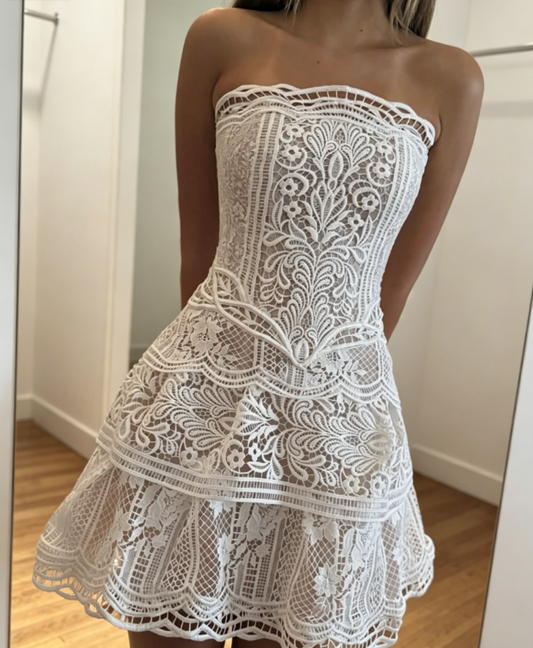 Sexy Strapless Birthday Dress A-Line Lace Homecoming Dress White Party Dress ES07250