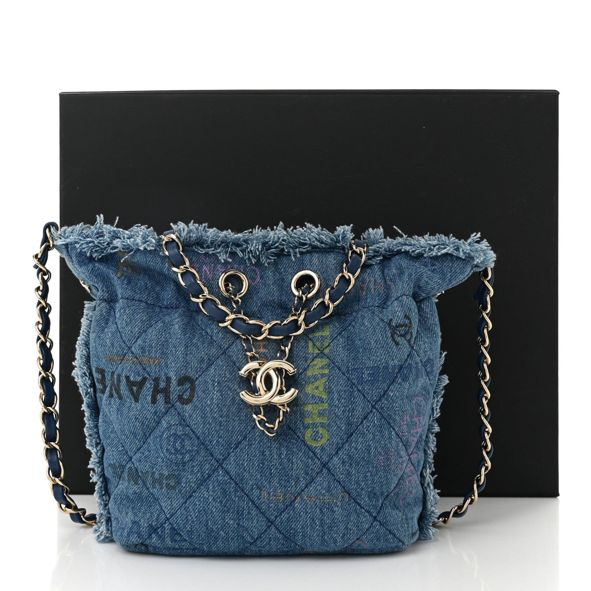 Denim Quilted Small Mood Bucket With Chain Blue Multicolor
