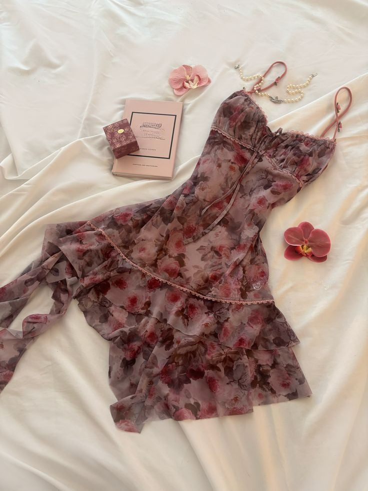 Summer Print Floral A Line Straps Chiffon Short Homecoming Dress Outfits SH5733