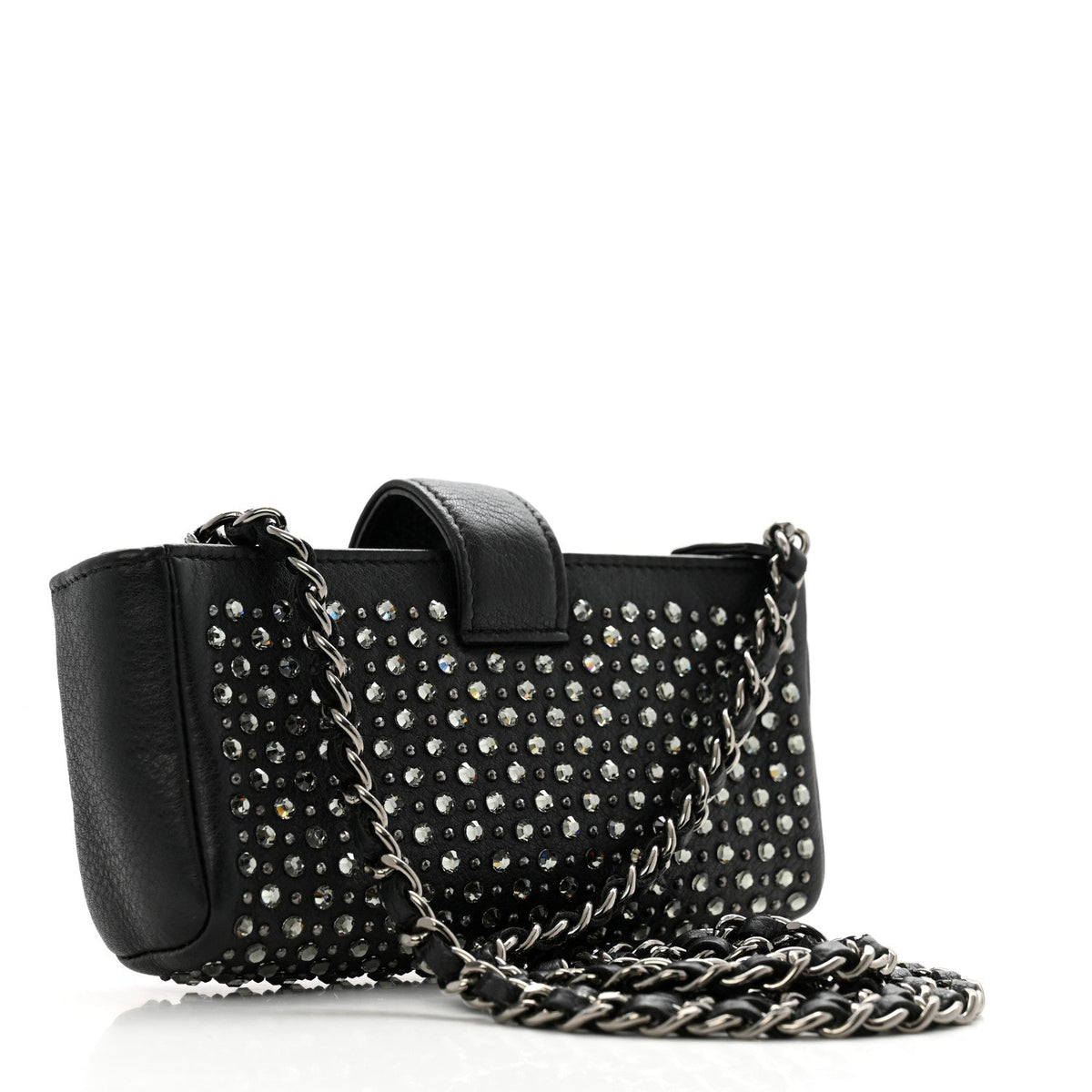 Calfskin Strass Studded Mini Phone Holder Clutch Black