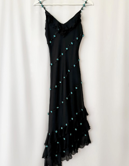 Vintage Blue Floral Black Beaded Ruffles Chiffon Prom Dress Evening Party Gowns SH3537