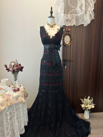 Vintage A Line V Neck Black Lace Tulle Prom Dress Evening Dress with Bow SH2988