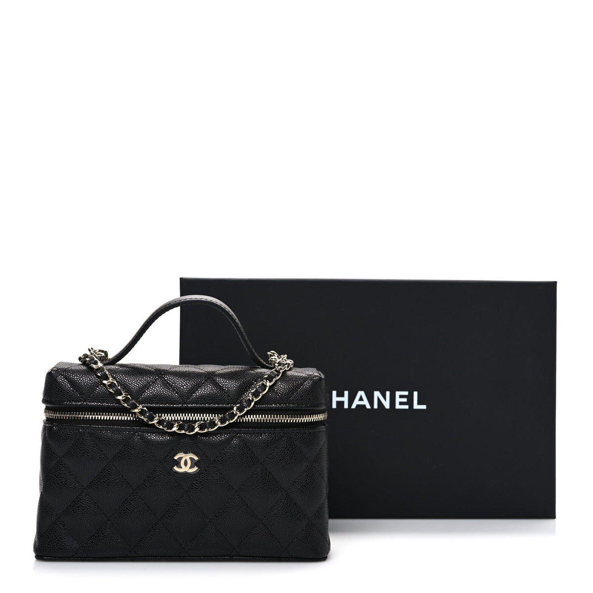 Caviar Quilted Top Handle Slim Vanity With Chain Black