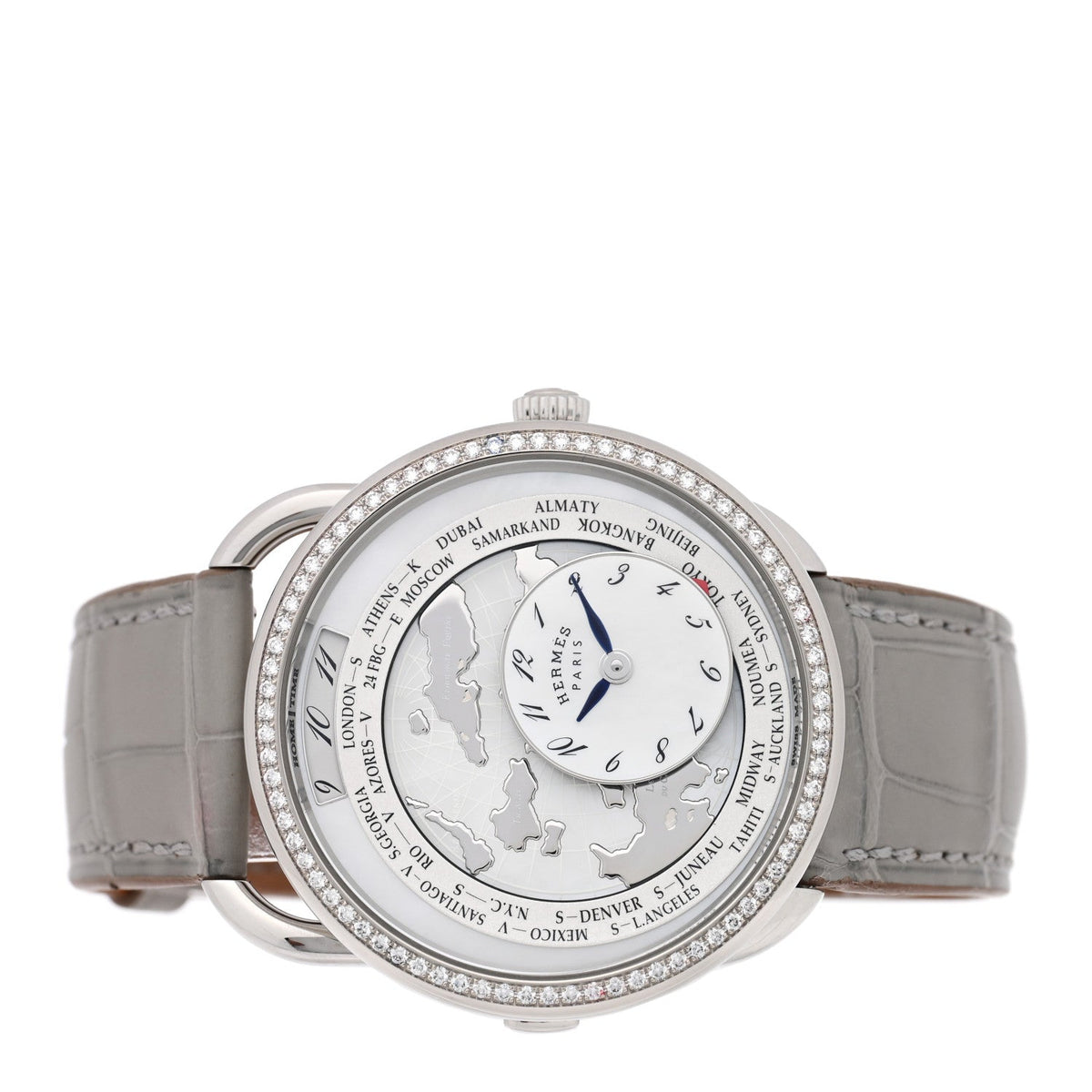 Stainless Steel Alligator Diamond Bezel Mother of Pearl 38mm Arceau Le Temps Voyageur Automatic Watch Gris Perle