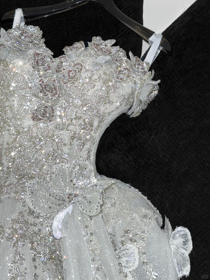 Gorgeous Shiny Beaded White Sweetheart Tulle Sequin Design Elegant A-Line Floor-length Wedding Dress D1666