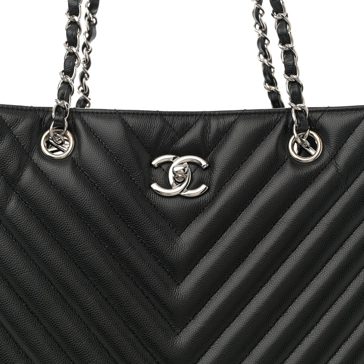 Caviar Chevron Quilted Large Shopping Tote Tote Black