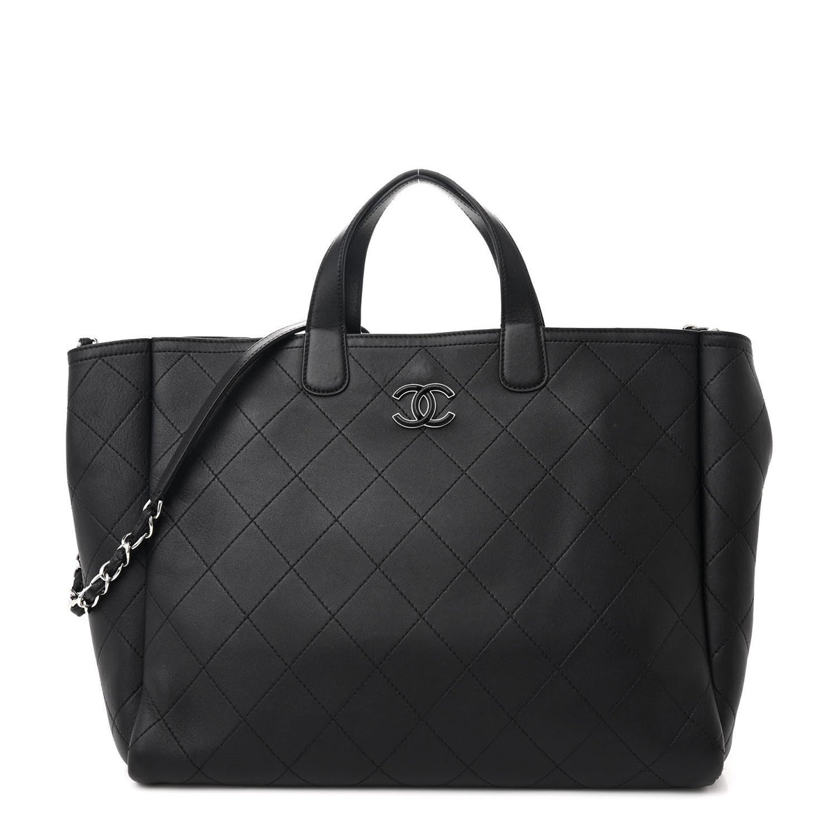 Caviar Stitched Large Lady Coco Shopping Tote Black