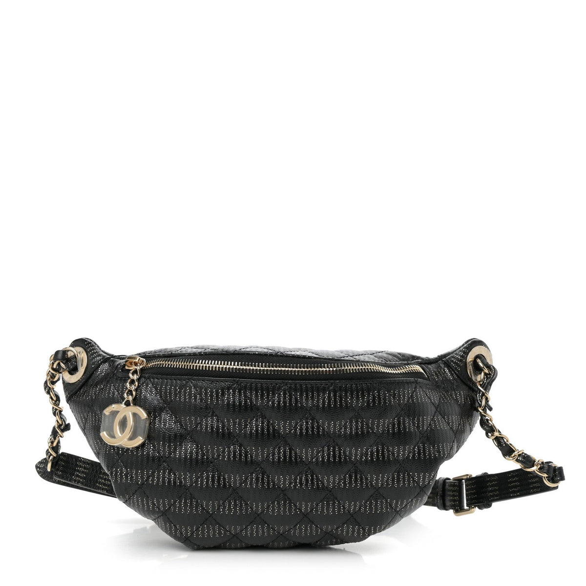 Metallic Caviar Striped Banane Waist Bag Fanny Pack Black Gold