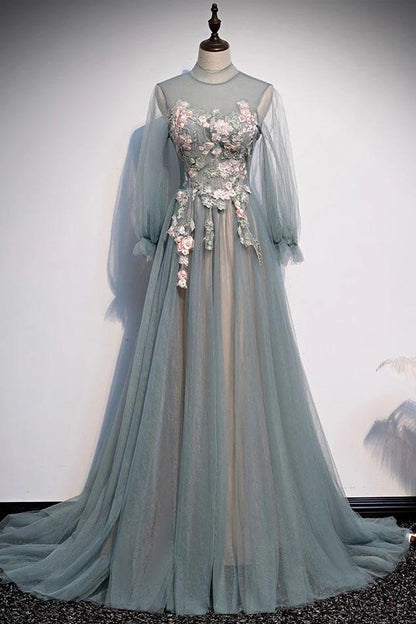 A Line Long Sleeves Tulle Prom Dress with Flowers, Unique Long Evening Dress with Applique M1060
