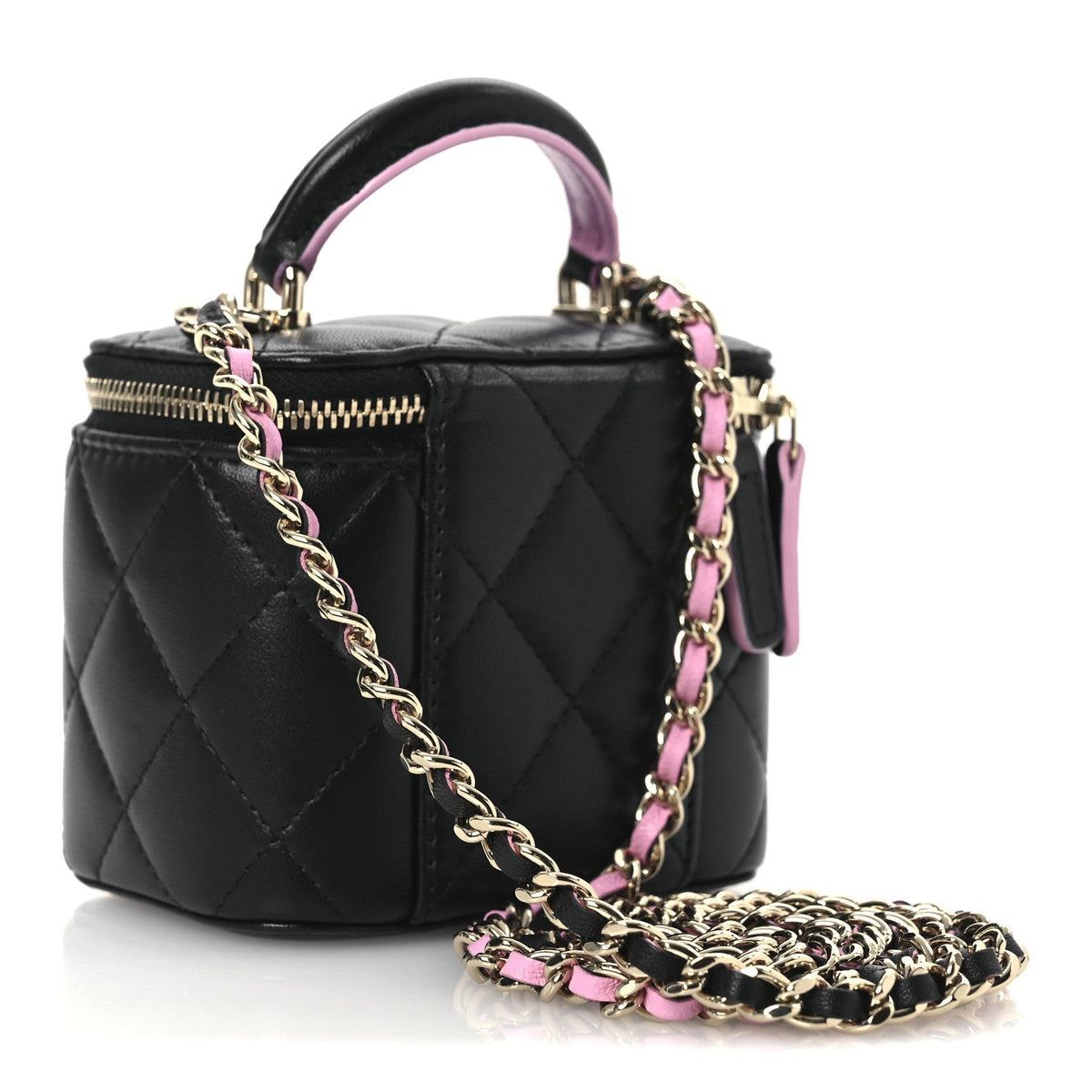 Lambskin Quilted Top Handle Mini Vanity Case With Chain Black Pink