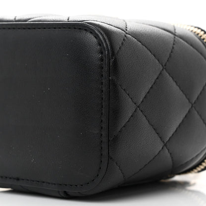 Lambskin Quilted Mini Vanity Case With Pearl Chain Black