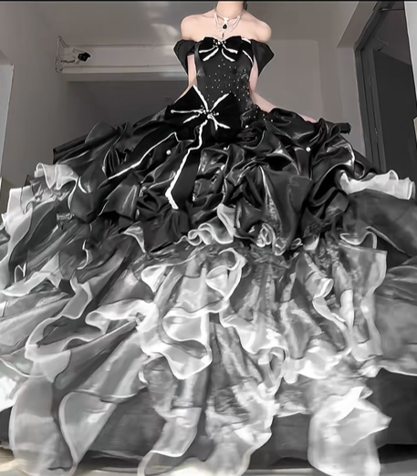 Stunning Ball Gown Off the Shoulder Appliuqes Bow Black Ombre Organza Satin Graduation Ball Gown 18th Birthday Dress SH4985