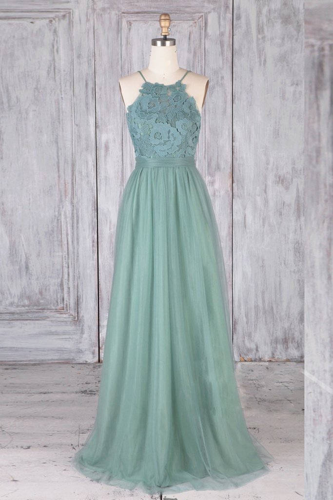 A Line Prom Dress Backless Green Tulle Formal Graduation Evening Dresses M3047
