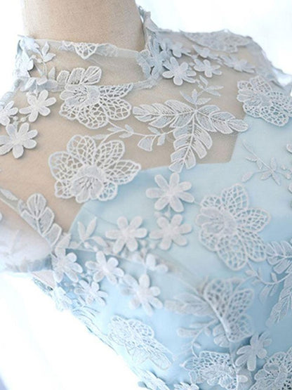High Neck Short Blue Lace Prom Dresses, Short Blue Lace Graduation Homecoming Dresses M2482