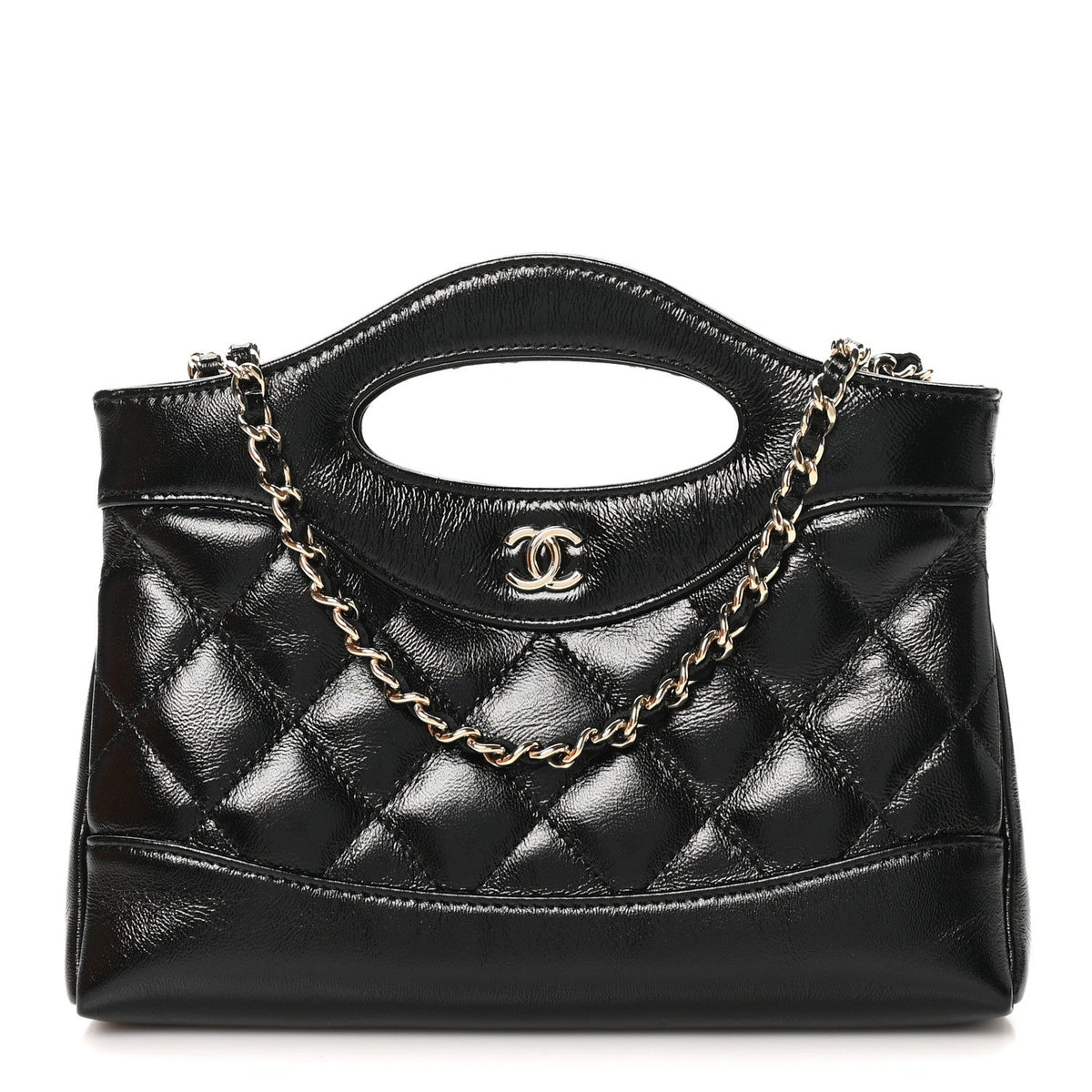 Shiny Crumpled Calfskin Quilted Nano 31 Shopping Bag Black