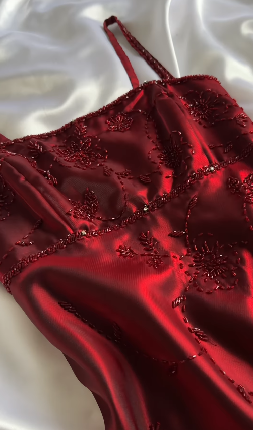 Vintage A Line Straps Beaded Gloss Burgundy Satin Long Prom Dress SH5455