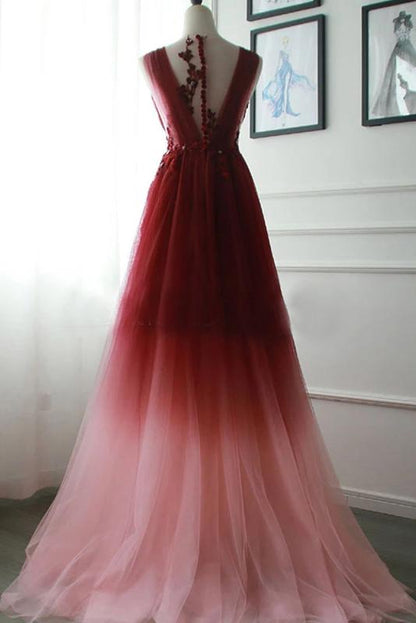 A Line V Neck Tulle Ombre Prom Dress, Cheap Appliqued Party Dresses M1880