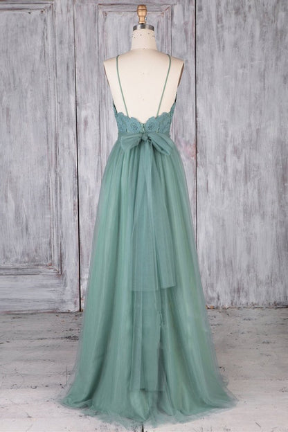 A Line Prom Dress Backless Green Tulle Formal Graduation Evening Dresses M3047