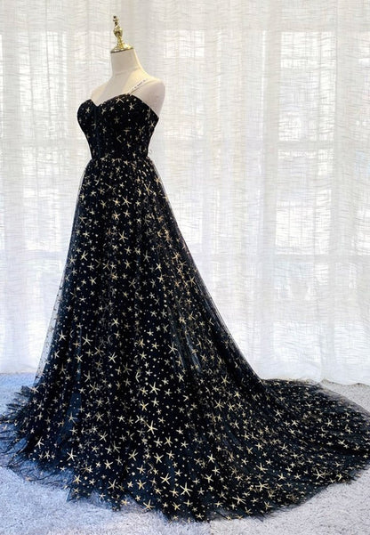 Black tulle long prom dress black evening dress  M668