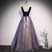 Navy Blue Sparkle Long Evening Dress with Velvet Bodice  M908